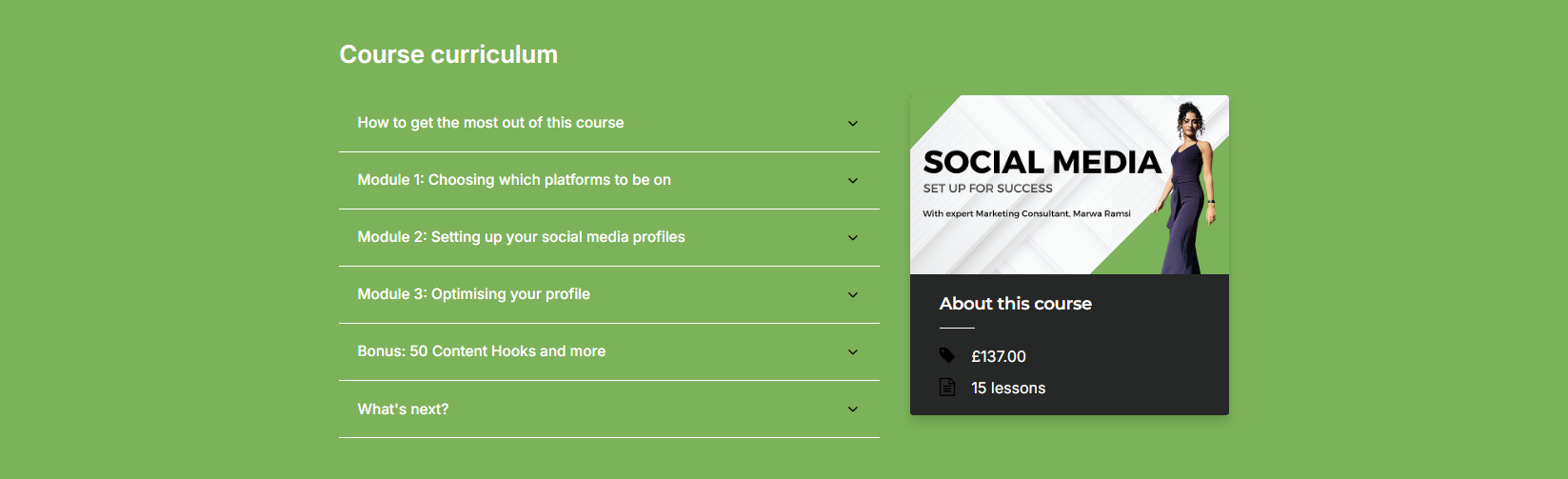 Banner showing the different modules of the e-learning social media course